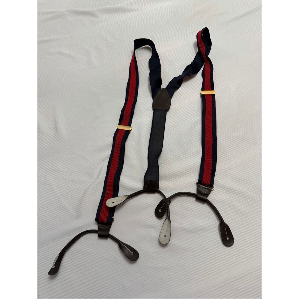 Pelican USA Vintage Navy Blue Red Y Suspenders Braces Brown Leather